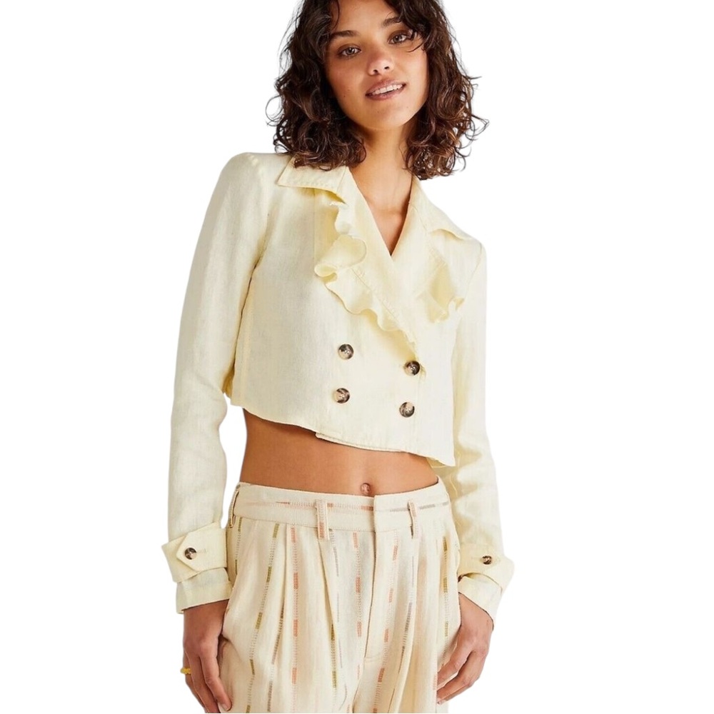 FREE PEOPLE Yellow Cropped Linen Ruffle Cross-Back Jacket Blazer, size XS